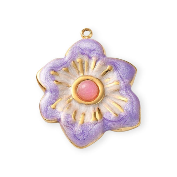 Dije en forma de flor morada de acero inoxidable esmaltado
