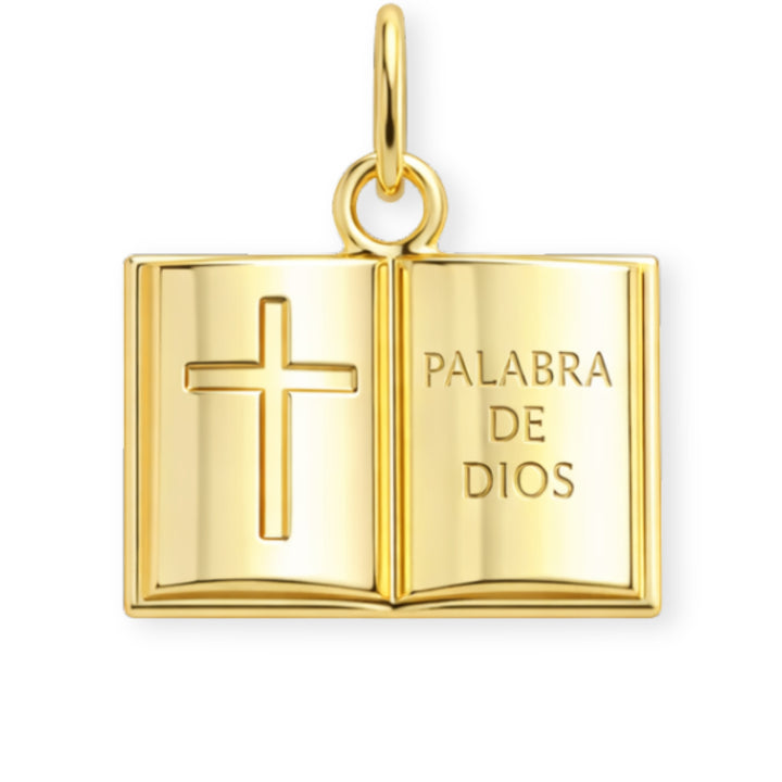 Dije de Biblia de chapa de oro con grabado Palabra de Dios
