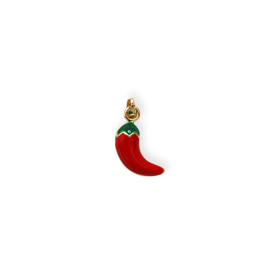 Dije en forma de chile esmaltado en rojo y verde sobre chapa de oro