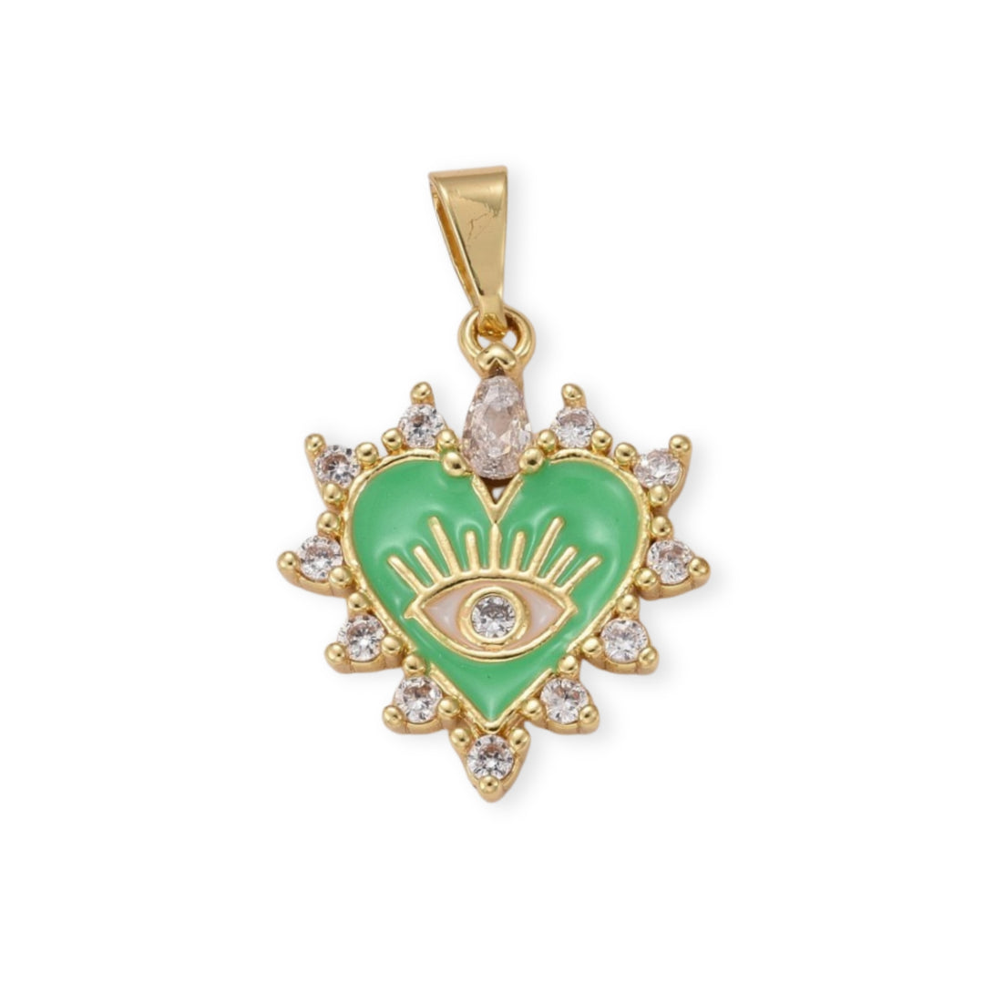 Dije de corazón con ojo de chapa de oro con zirconia y esmalte