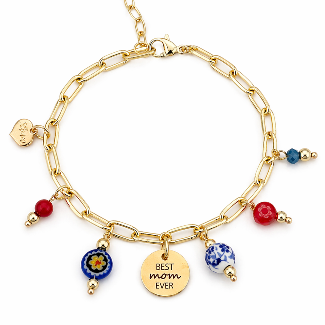 Brazalete para mamá con murano, cristal, cerámica y dijes Love y Best Mom Ever de acero inoxidable