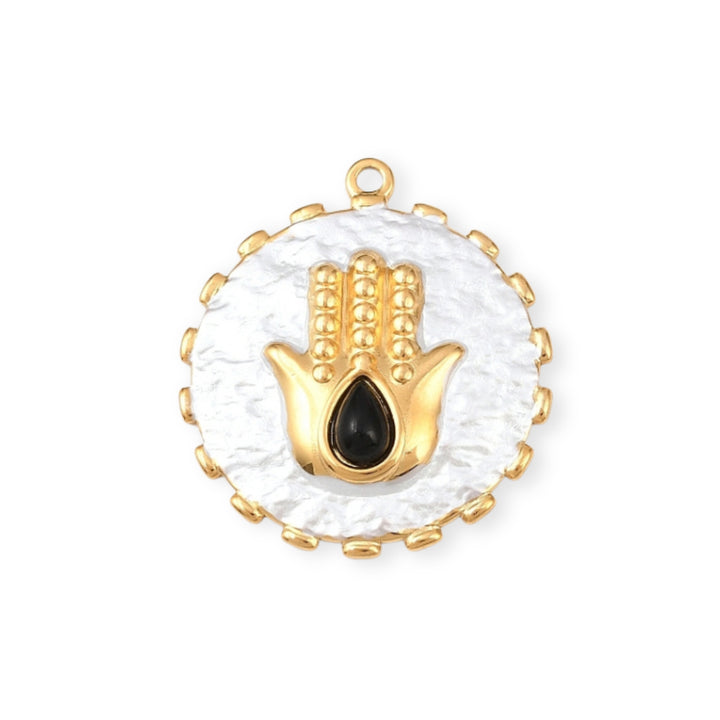 Dije circular de mano de fátima de acero inoxidable con esmalte