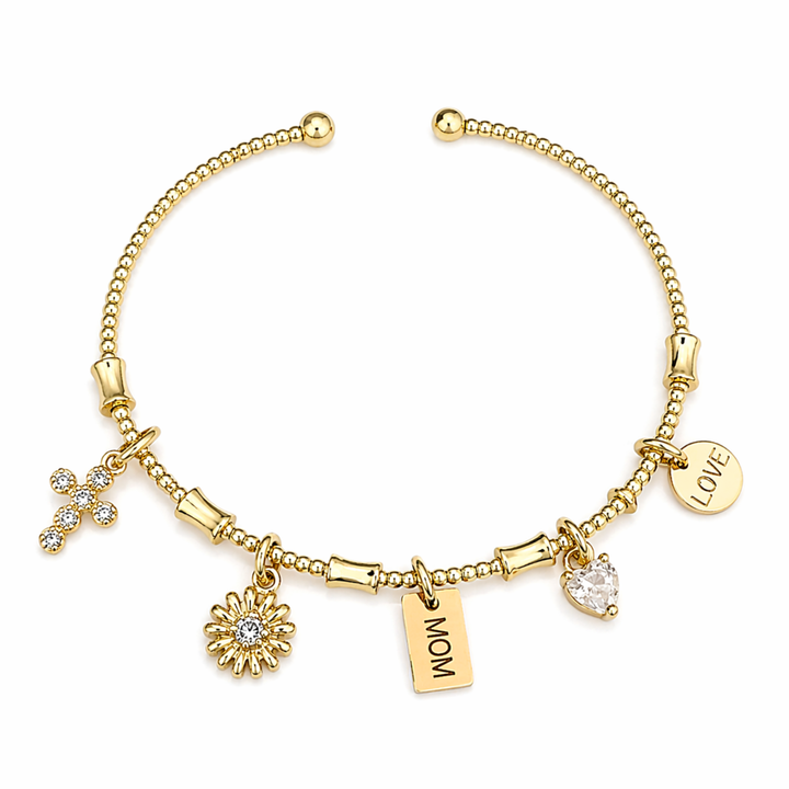 Brazalete para mamá con dijes MOM, LOVE, cruz, flor y corazón con zirconia de chapa de oro
