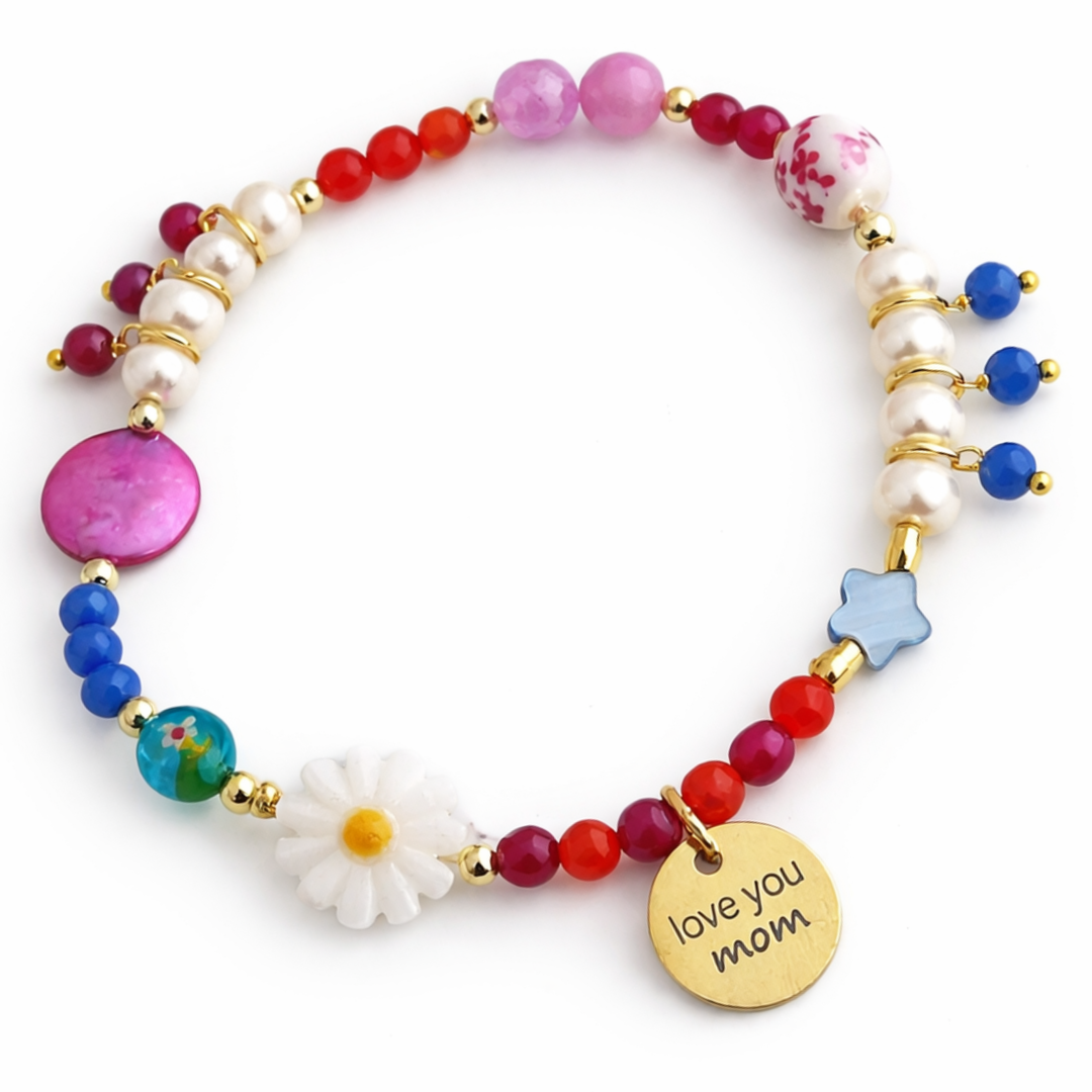 Brazalete Vera con perla de río, piedras naturales y placa Love You Mom de acero inoxidable