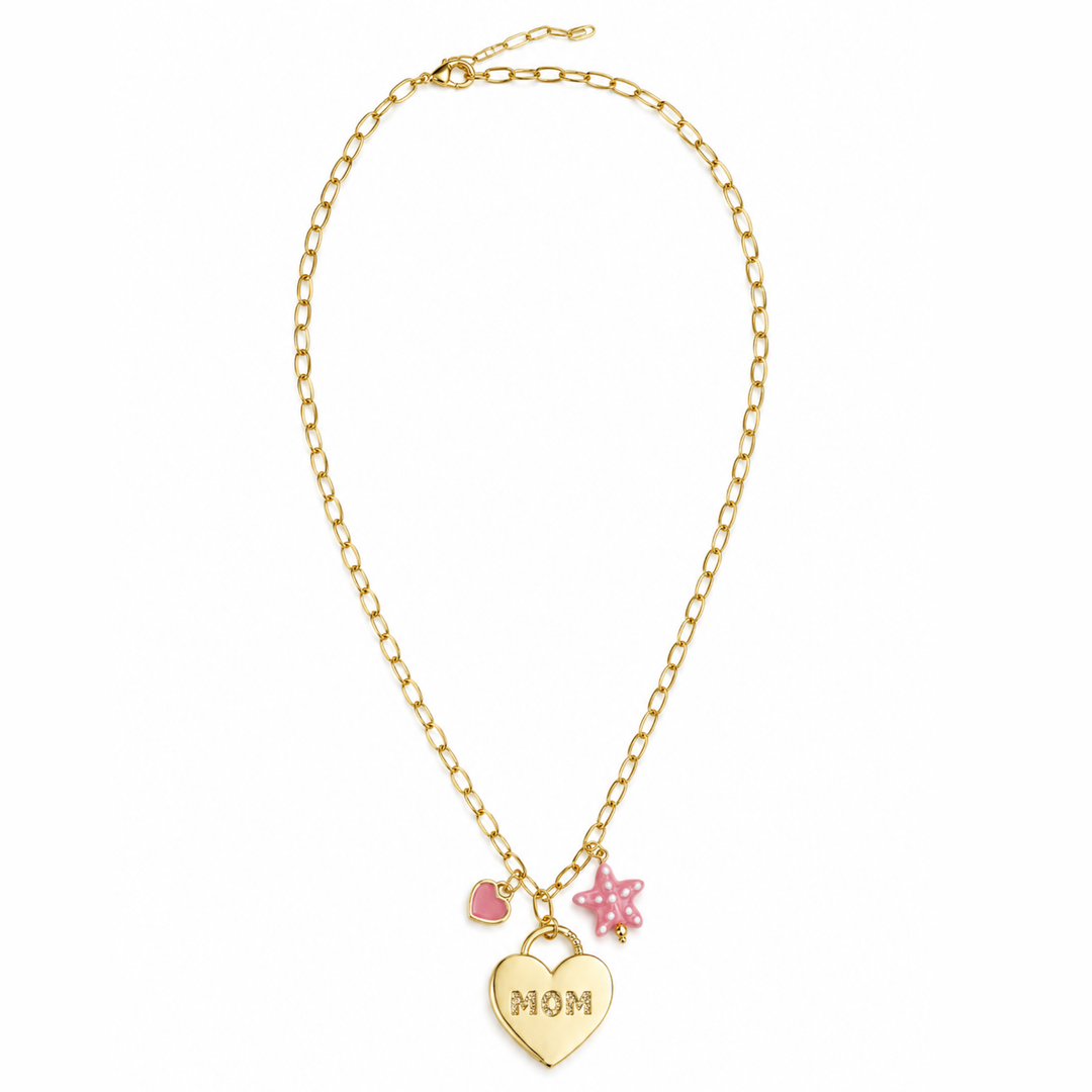 Detalles de Collar para mamá con corazón esmaltado, estrella de mar de murano y candado MOM con zirconia