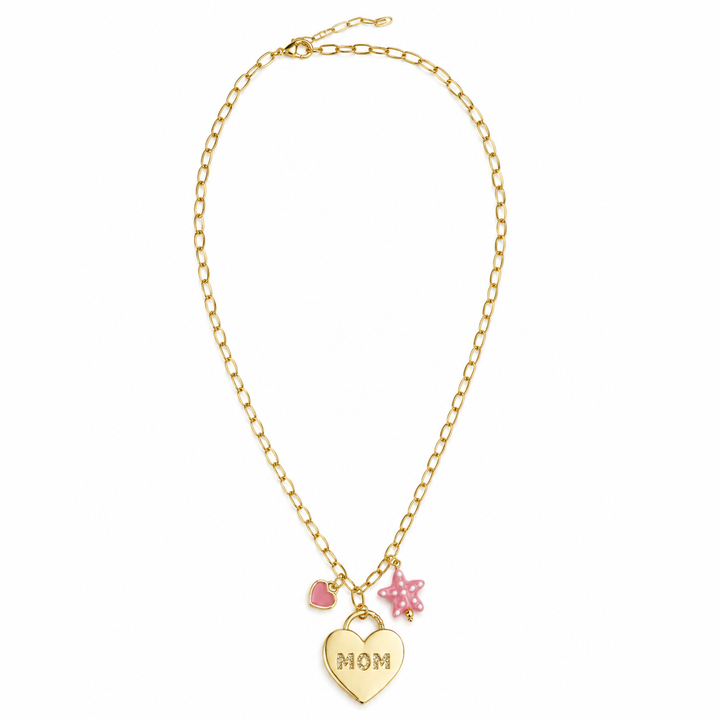 Detalles de Collar para mamá con corazón esmaltado, estrella de mar de murano y candado MOM con zirconia
