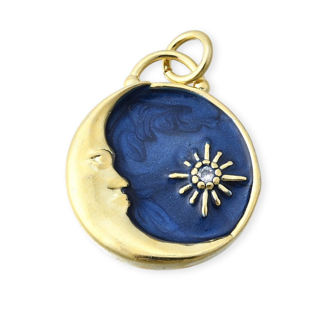 Dije circular con luna y estrella en esmalte azul y zirconia