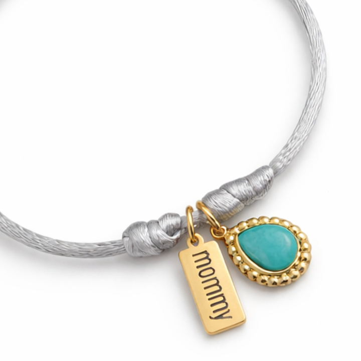 Pulsera Bisel ajustable de cordón con dije Mommy y gota de turquesita