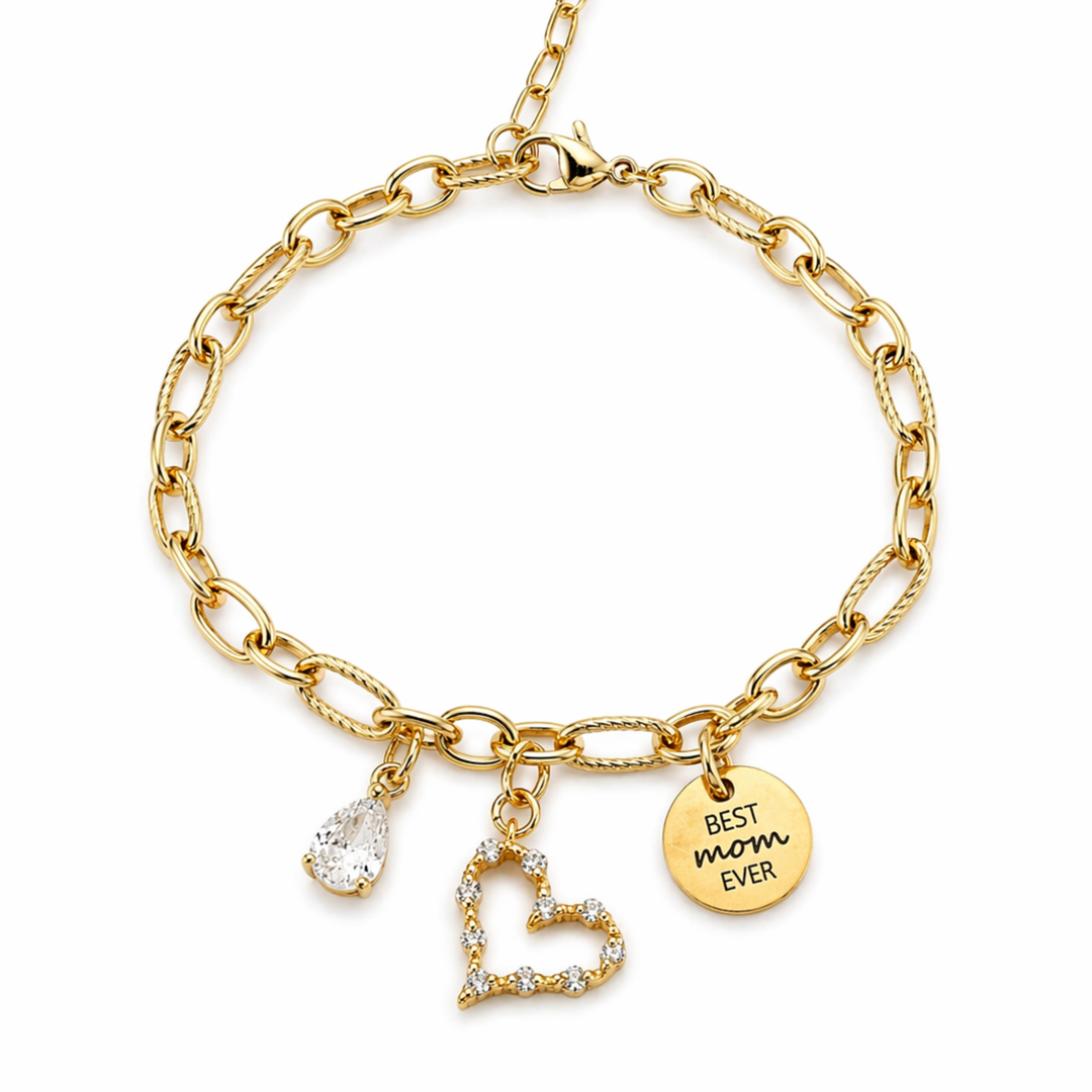 Brazalete para mamá con dije Best Mom Ever, gota y corazón con zirconia de chapa de oro
