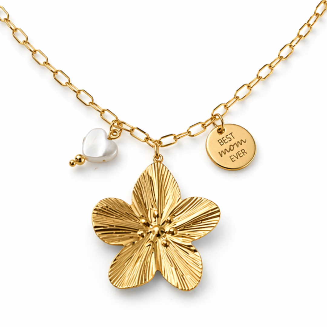 Collar para mamá con flor, corazón de madre perla y dije Best Mom Ever de acero inoxidable