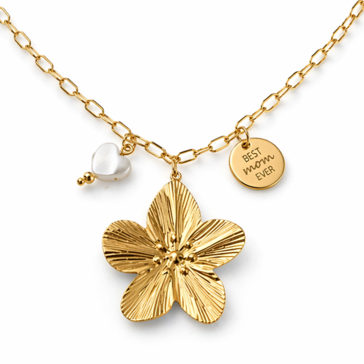 Collar para mamá con flor, corazón de madre perla y dije Best Mom Ever de acero inoxidable