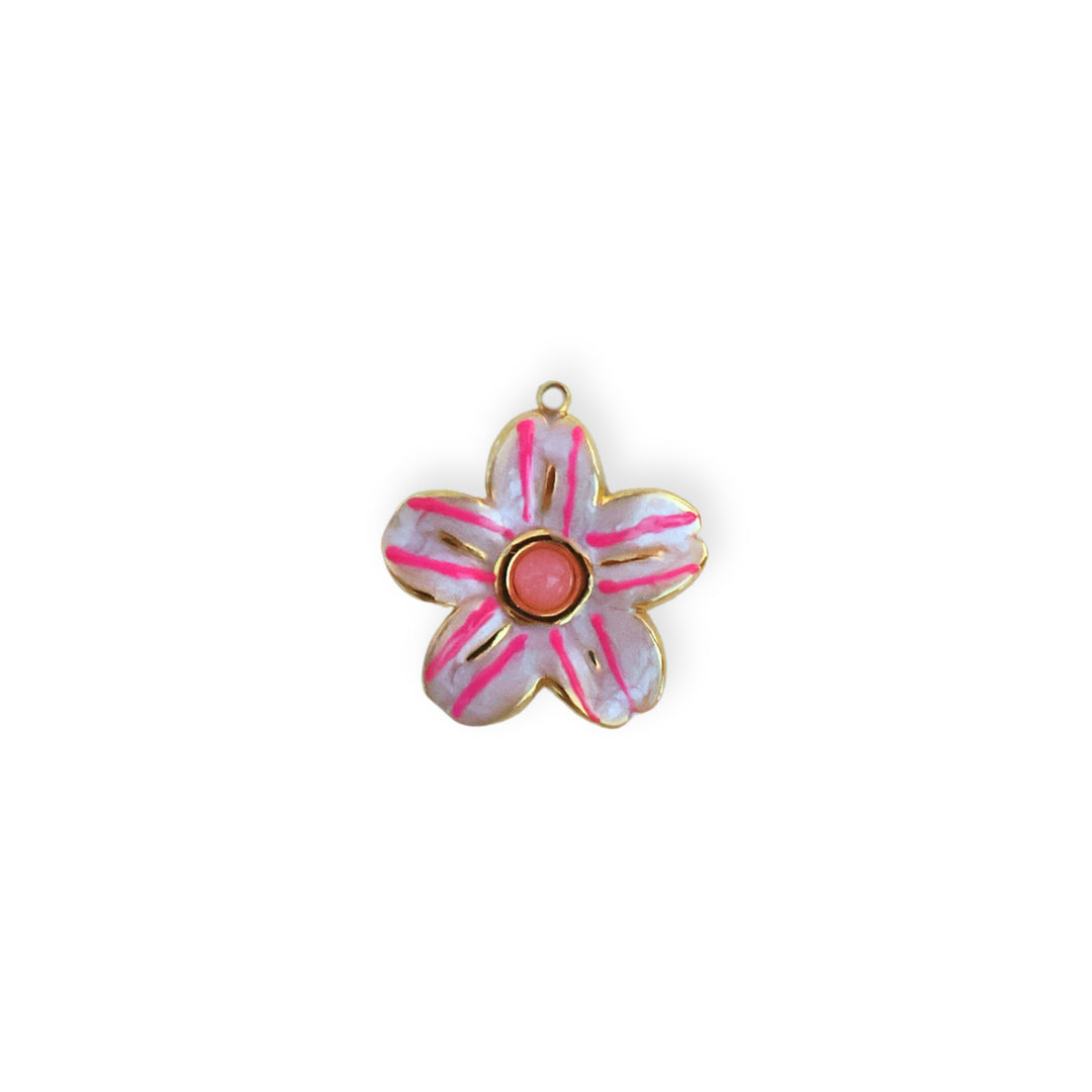Dije en forma de flor de acero inoxidable con esmalte rosa