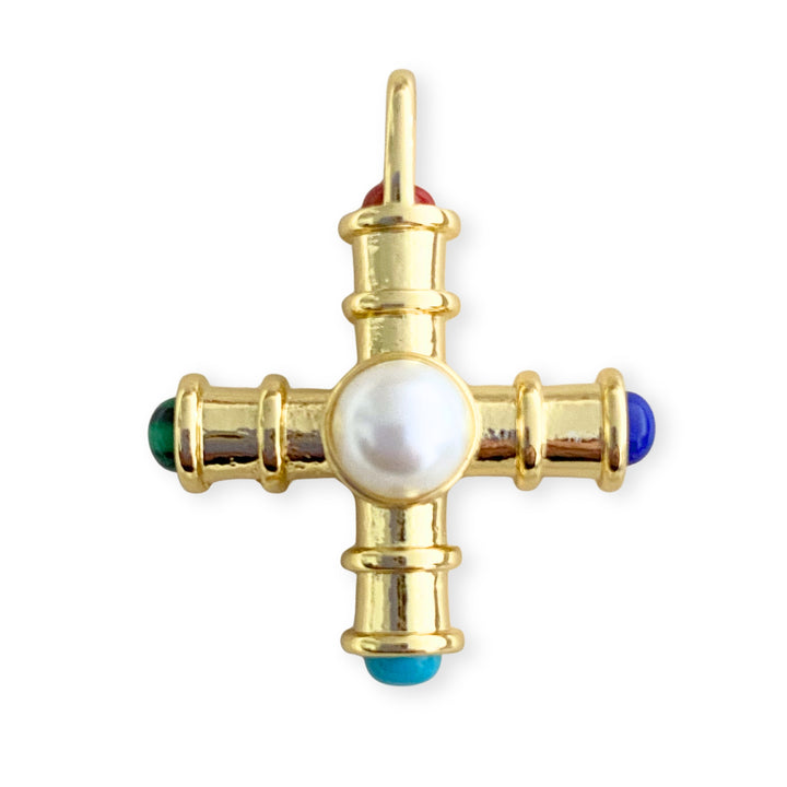 Dije de cruz de chapa de oro con perla sintética al centro