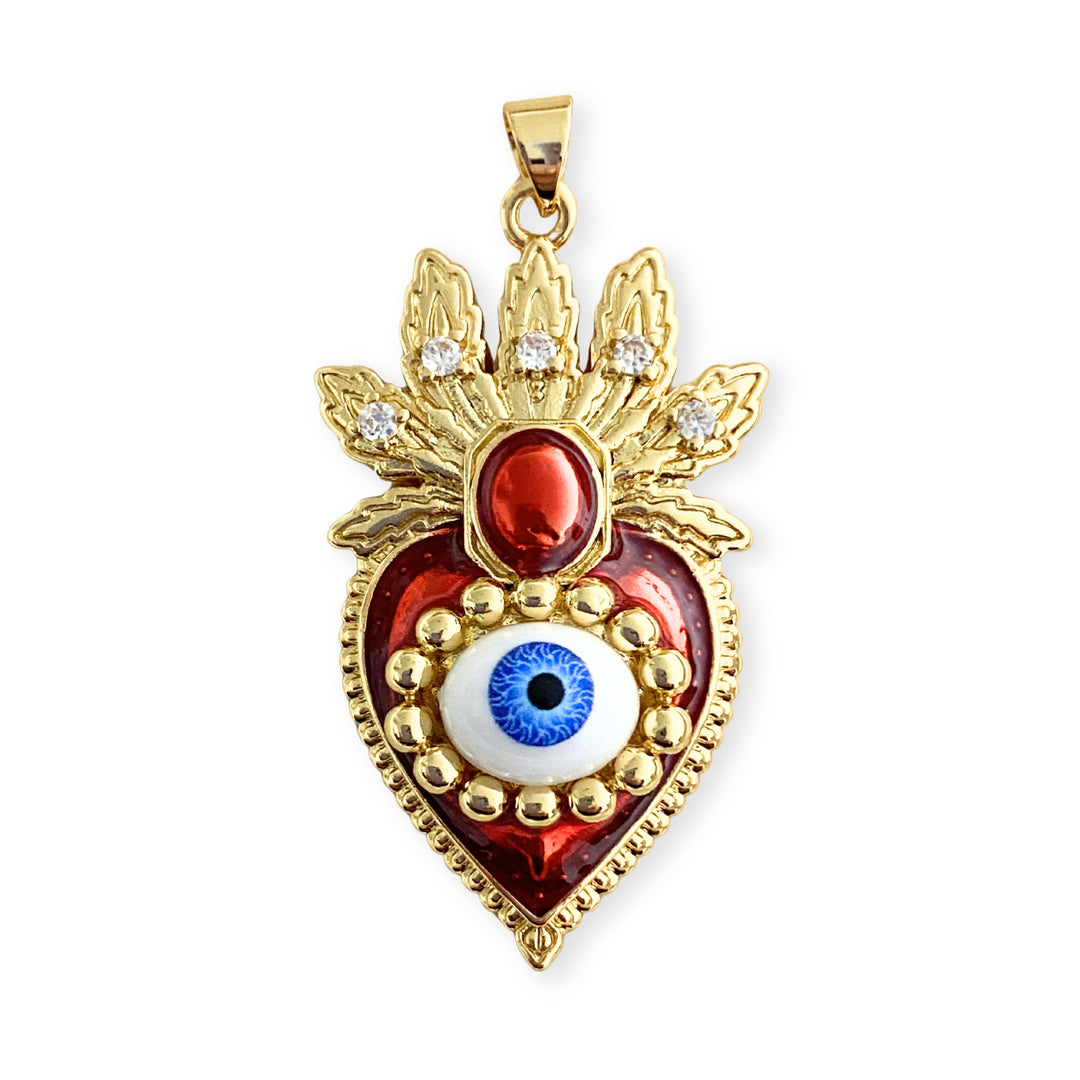 Dije Sagrado Corazón de chapa de oro con ojo, zirconia y esmalte