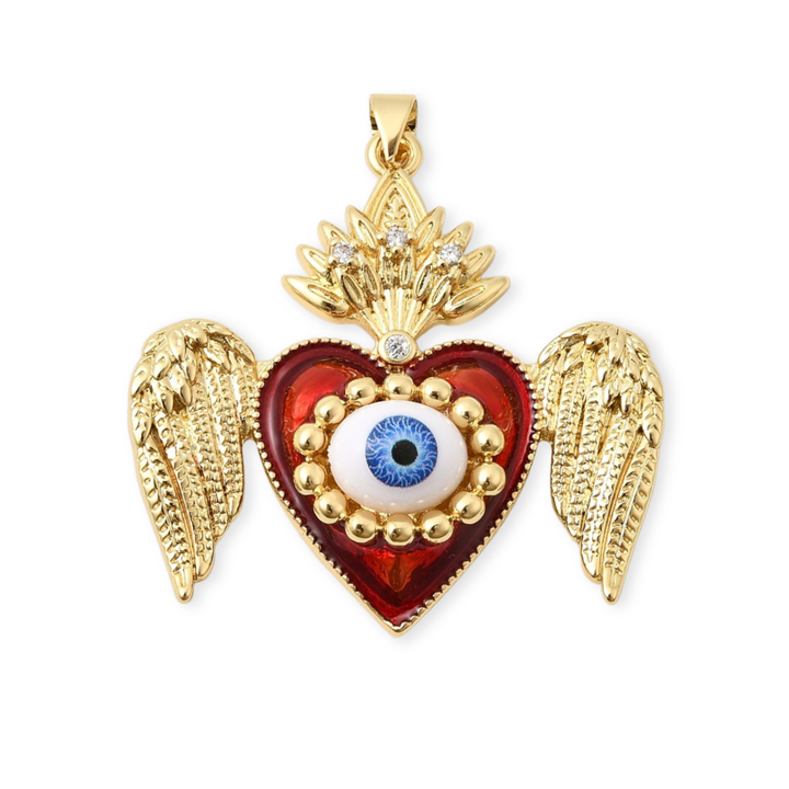 Dije de Sagrado Corazón de Jesús de chapa de oro con zirconia y esmalte