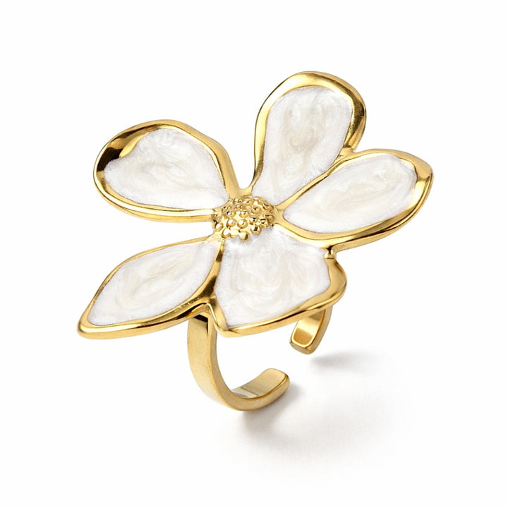 Anillo de acero inoxidable con flor esmaltada grande