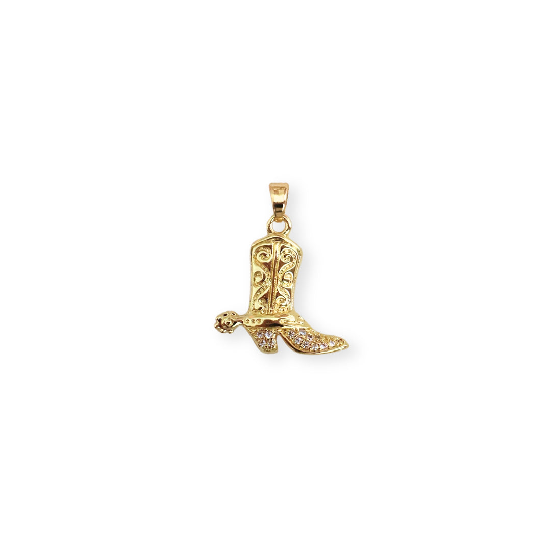 Dije dorado en forma de bota con zirconias incrustadas