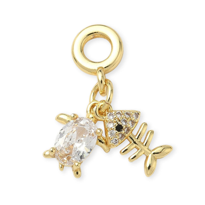 Dije multicharm de pez y tortuga de chapa de oro con zirconia