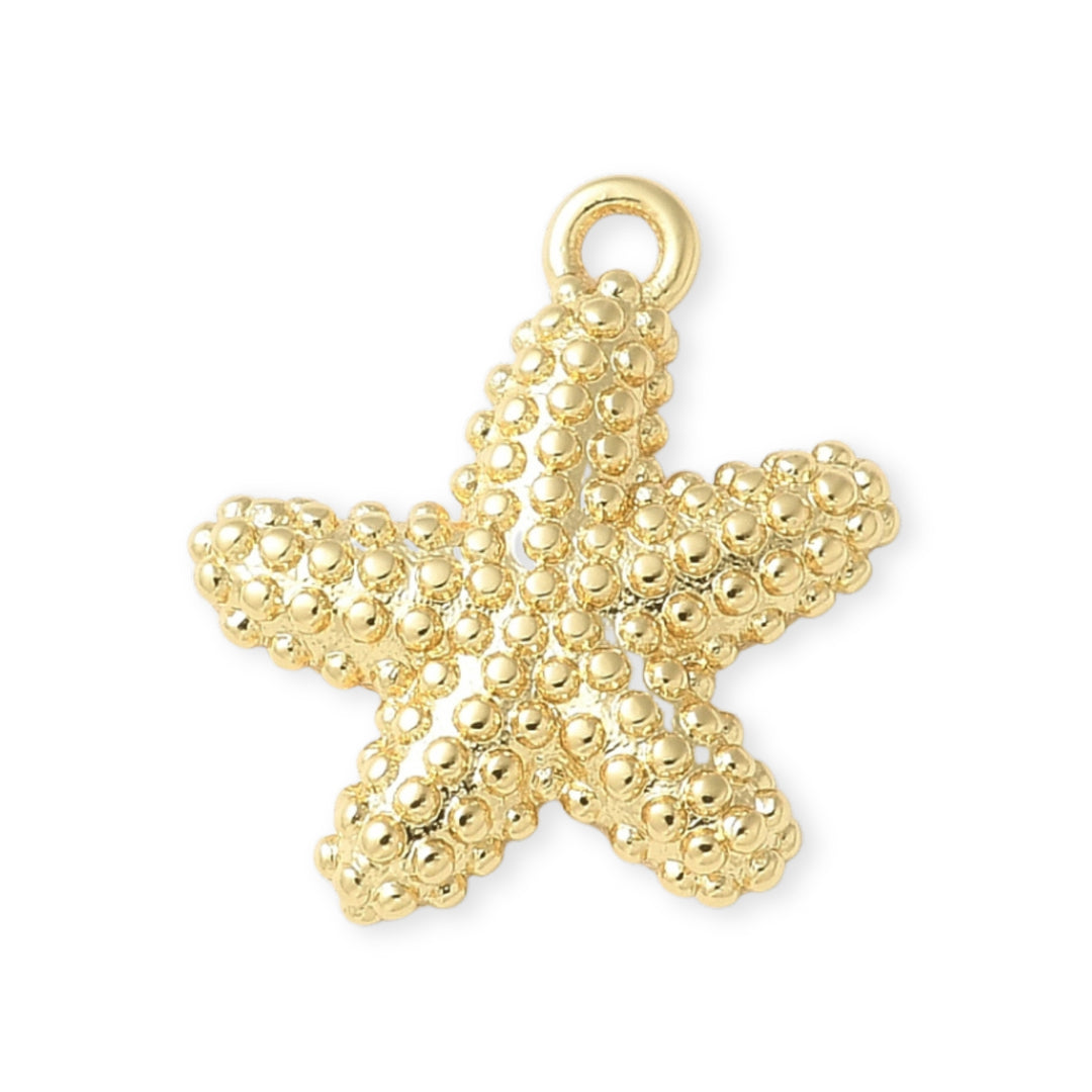 Dije de estrella de mar en chapa de oro con textura de puntos sobre fondo blanco