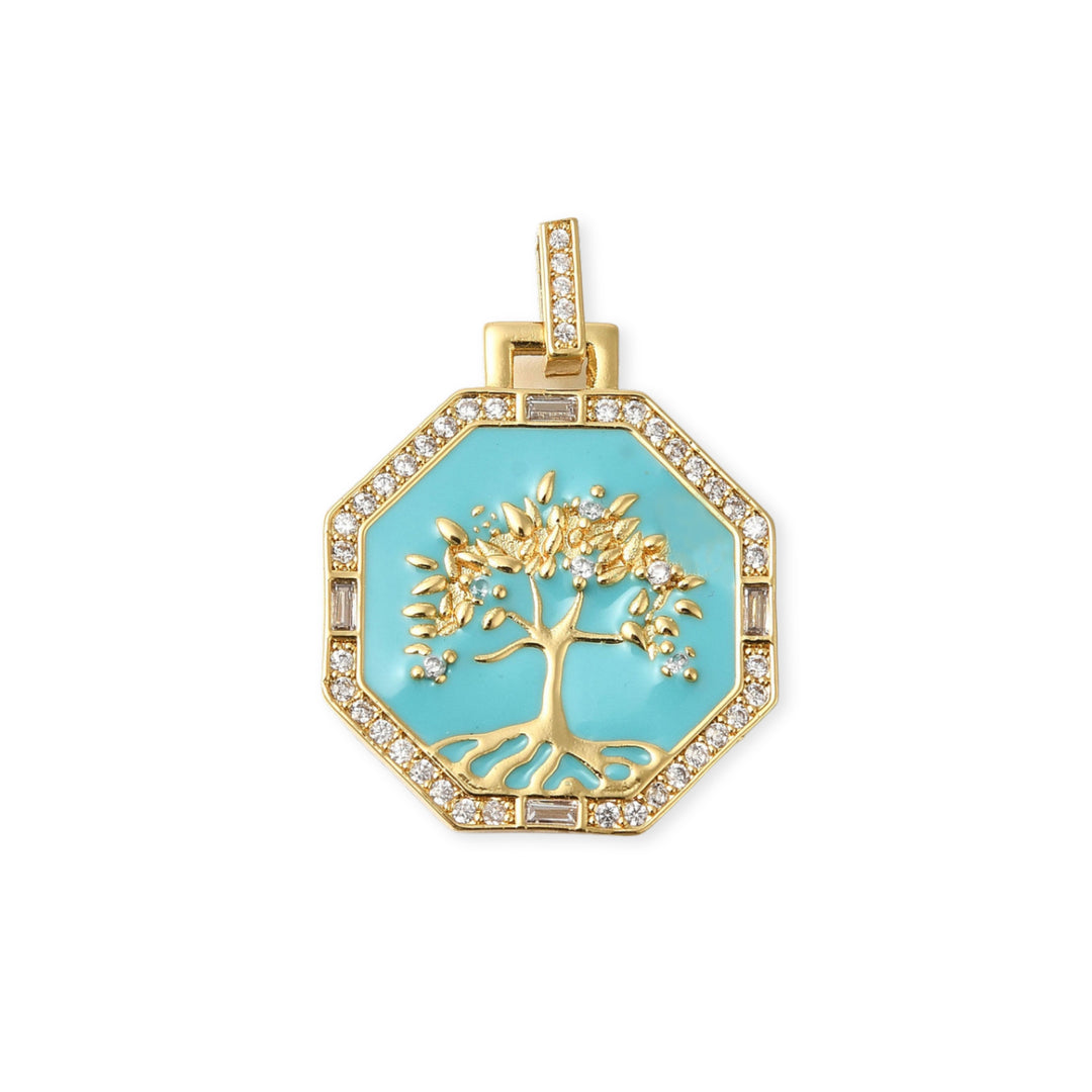 Dije octagonal del Árbol de la Vida de chapa de oro con esmalte y zirconia