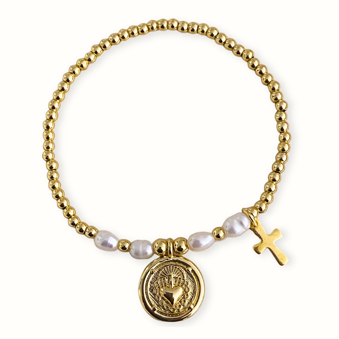 Brazalete religioso con Sagrado Corazón, cruz y perla de río