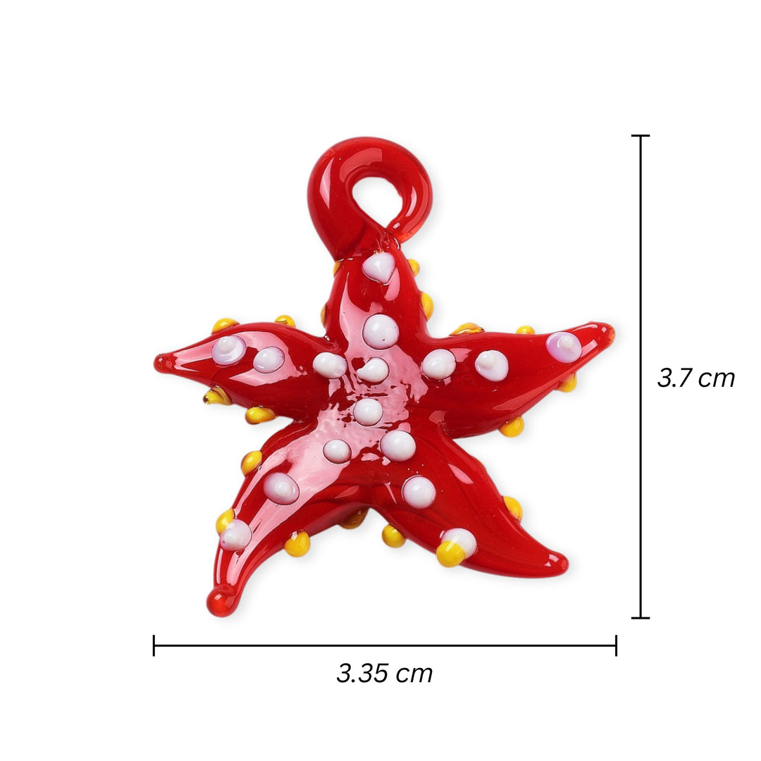 Medidas para Dije de murano en forma de estrella de mar, color rojo con puntos blancos y amarillos