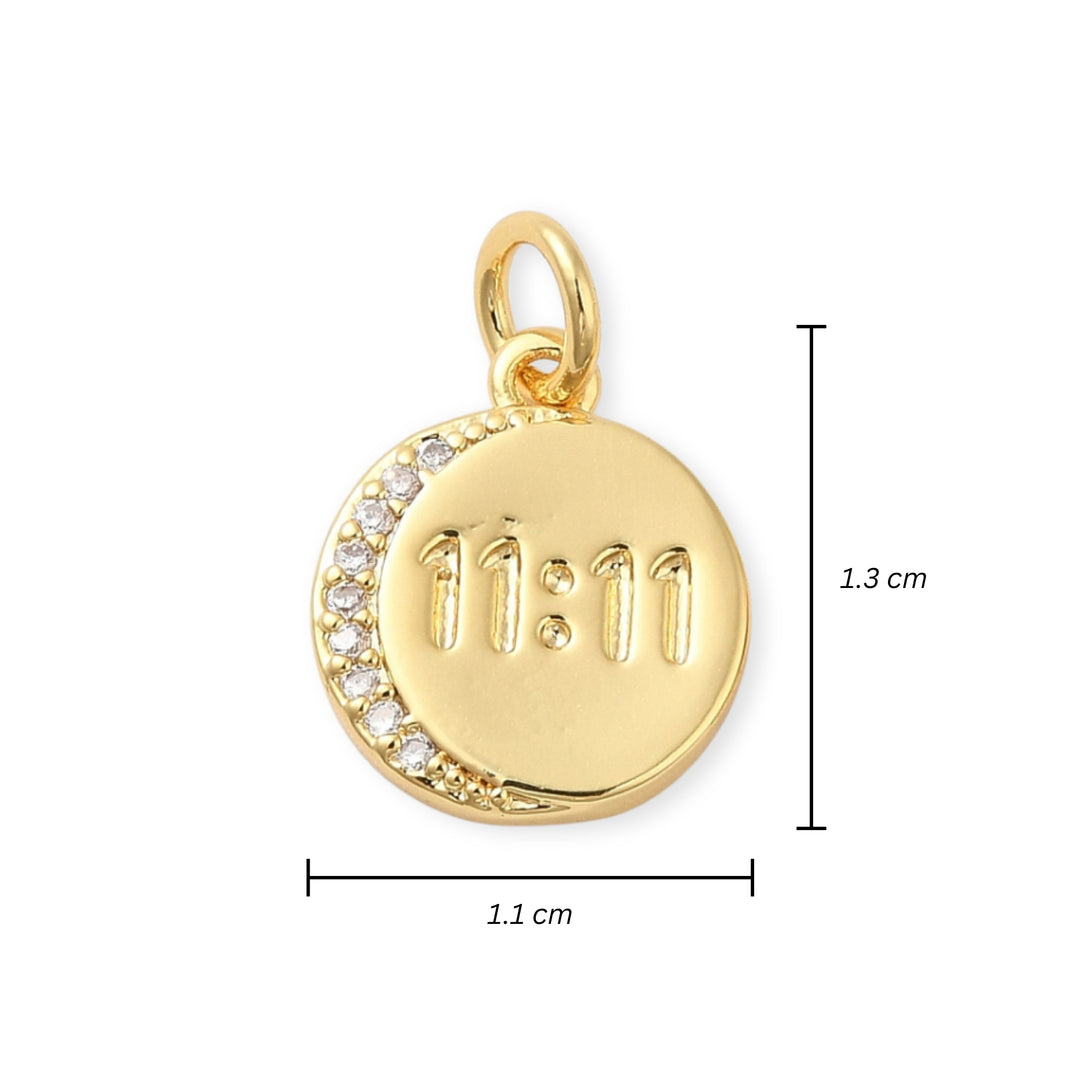 Medidas para Dije circular "11:11" de chapa de oro con zirconia