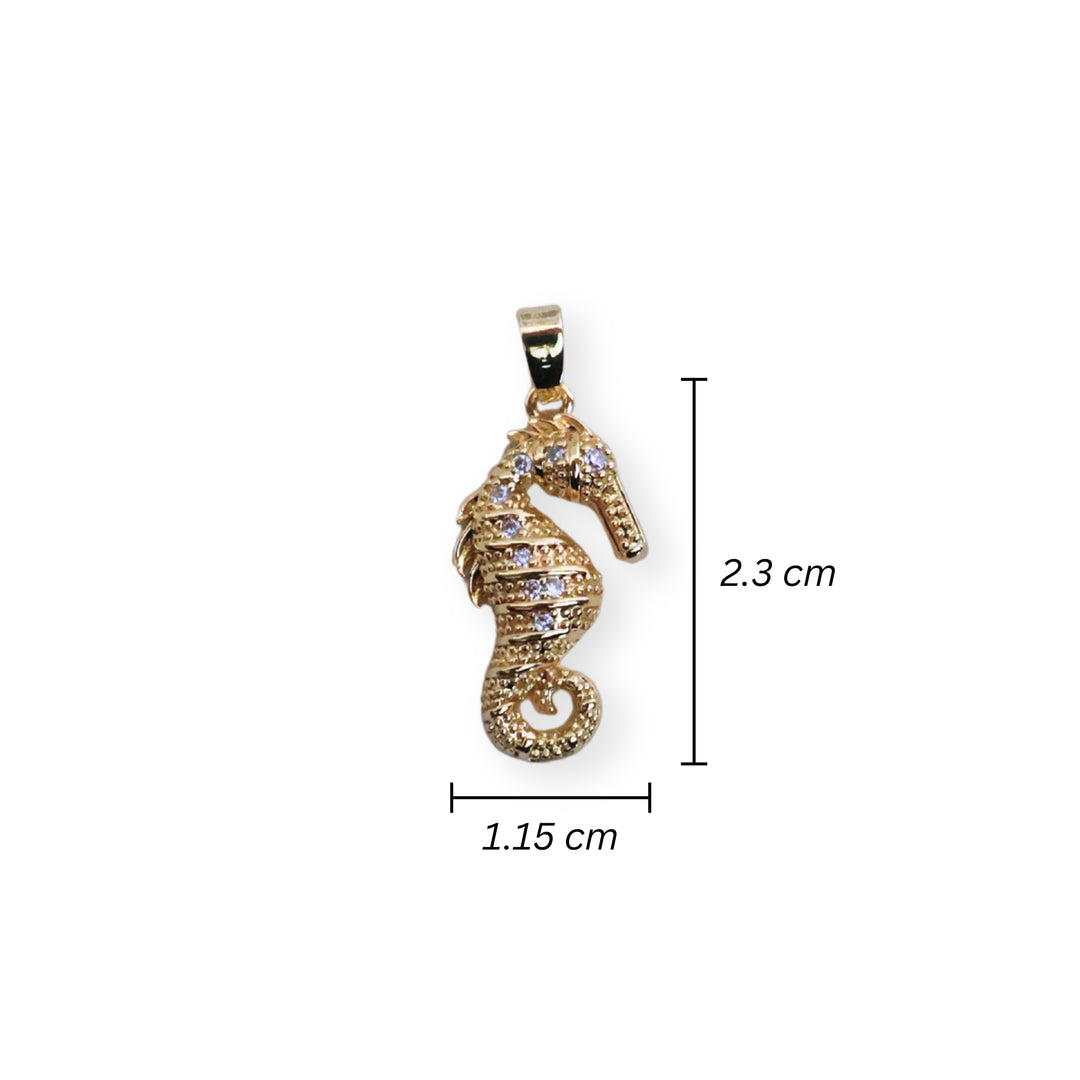 Medidas para dije caballito de mar dorado en chapa de oro con zirconia brillante
