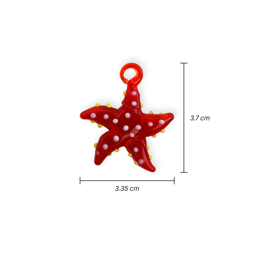 Medidas para dije de murano en forma de estrella de mar, color rojo con puntos blancos y amarillos