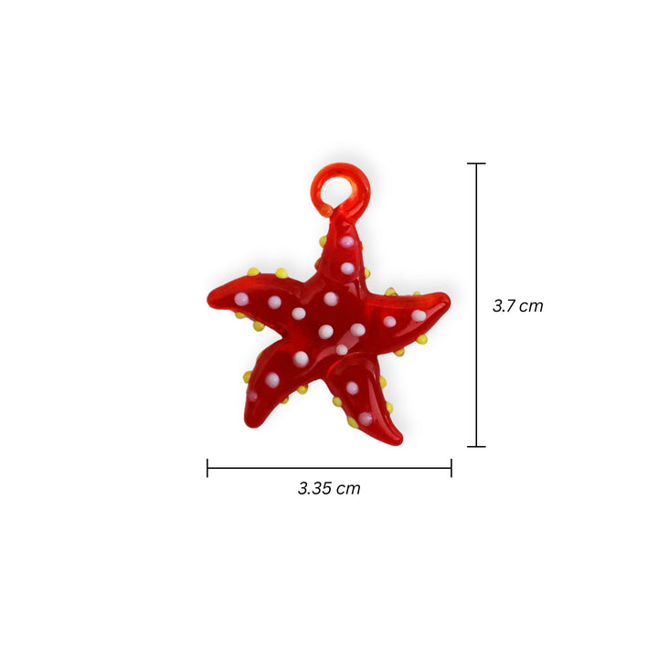 Medidas para dije de murano en forma de estrella de mar, color rojo con puntos blancos y amarillos