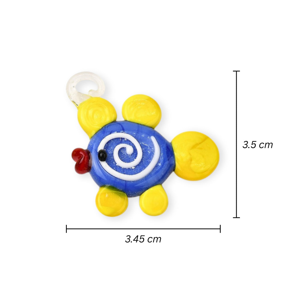 Medidas para Dije de murano en forma de pez amarillo con azul y espiral blanca