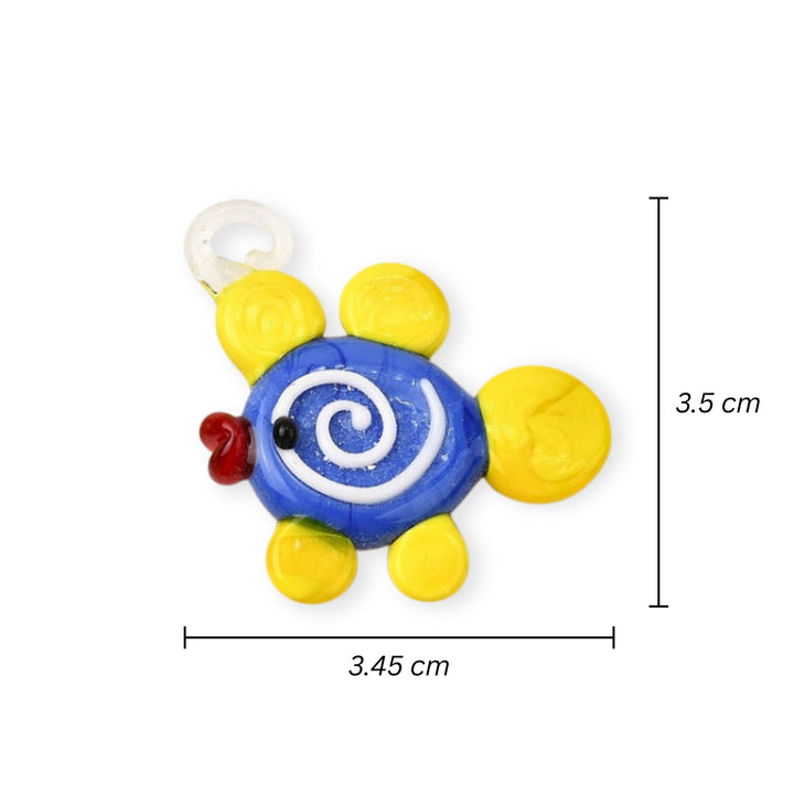 Medidas para Dije de murano en forma de pez amarillo con azul y espiral blanca