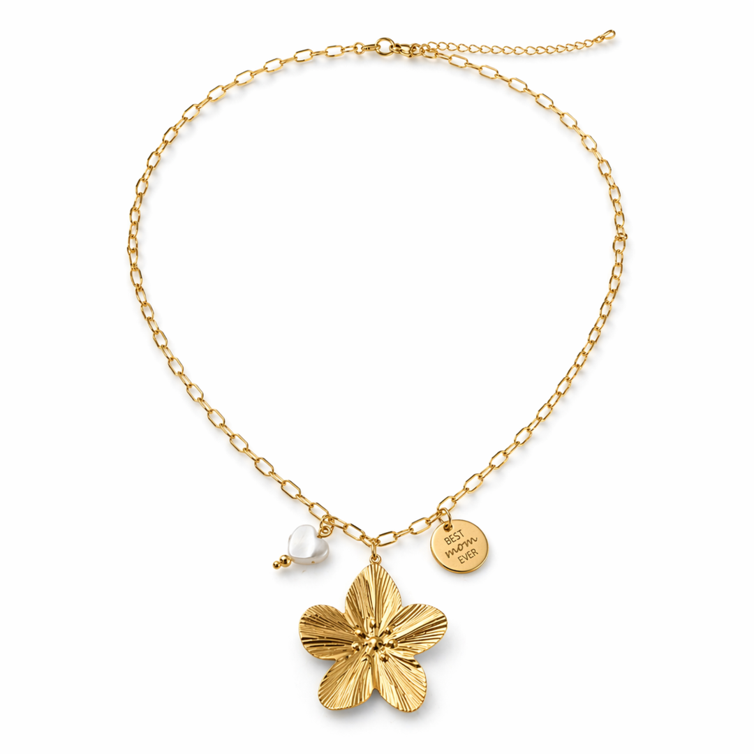 Detalles de Collar para mamá con flor, corazón de madre perla y dije Best Mom Ever de acero inoxidable