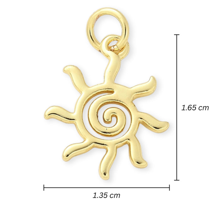 Medidas para Dije en forma de sol de chapa de oro sobre fondo blanco