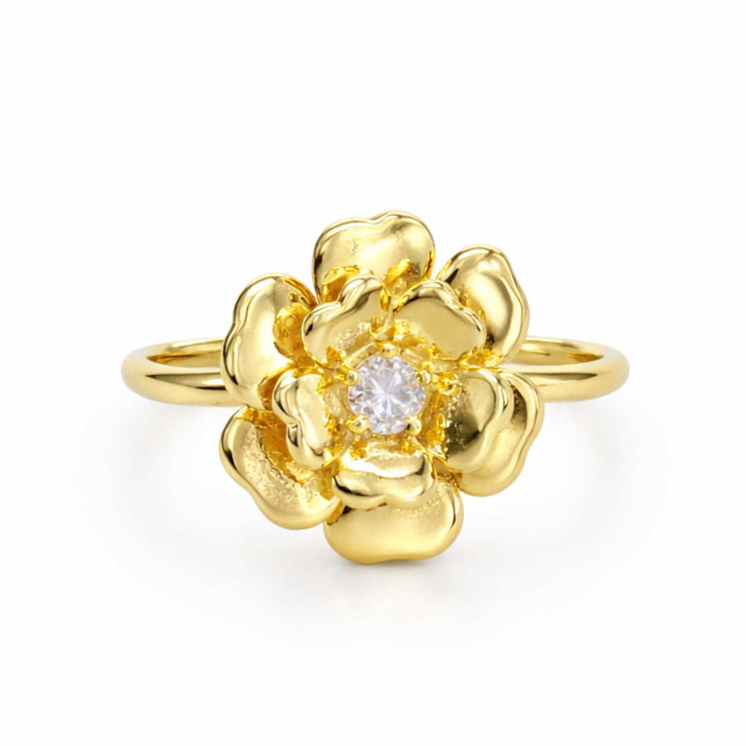 Detalles de Anillo de flor de chapa de oro con zirconia