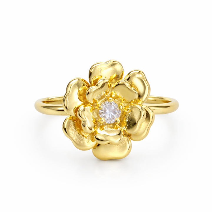 Detalles de Anillo de flor de chapa de oro con zirconia