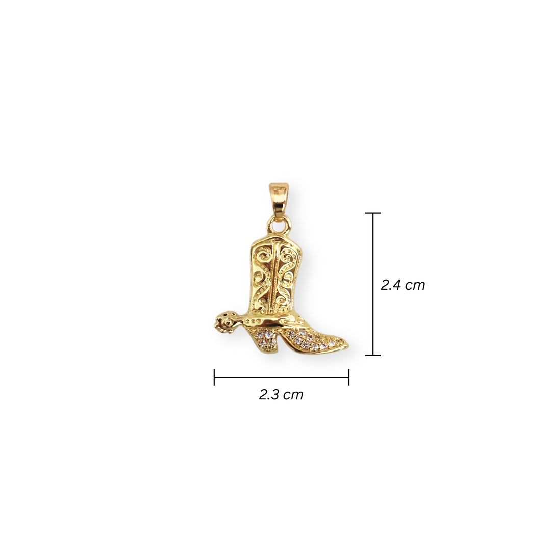 Medidas para dije dorado en forma de bota con zirconias incrustadas