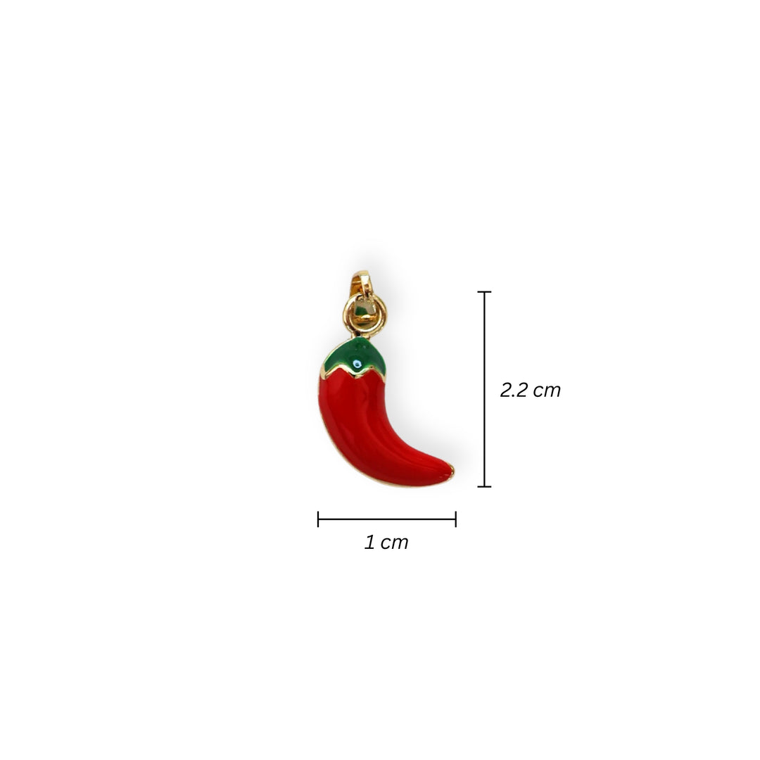 Medidas para dije en forma de chile esmaltado en rojo y verde sobre chapa de oro