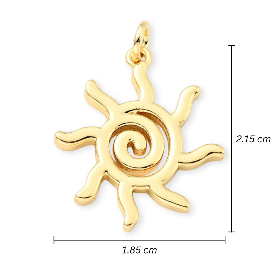 Medidas para Dije en forma de sol de chapa de oro sobre fondo blanco