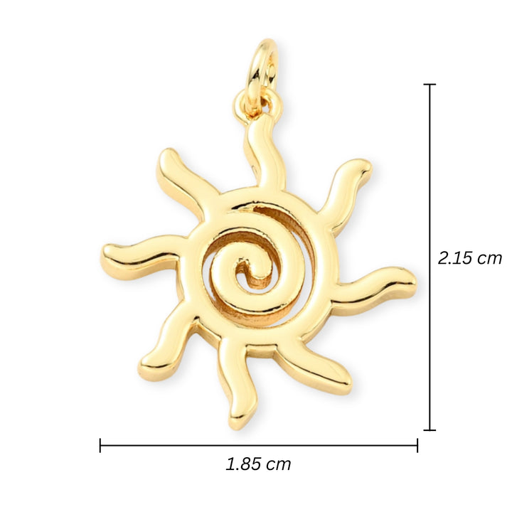 Medidas para Dije en forma de sol de chapa de oro sobre fondo blanco