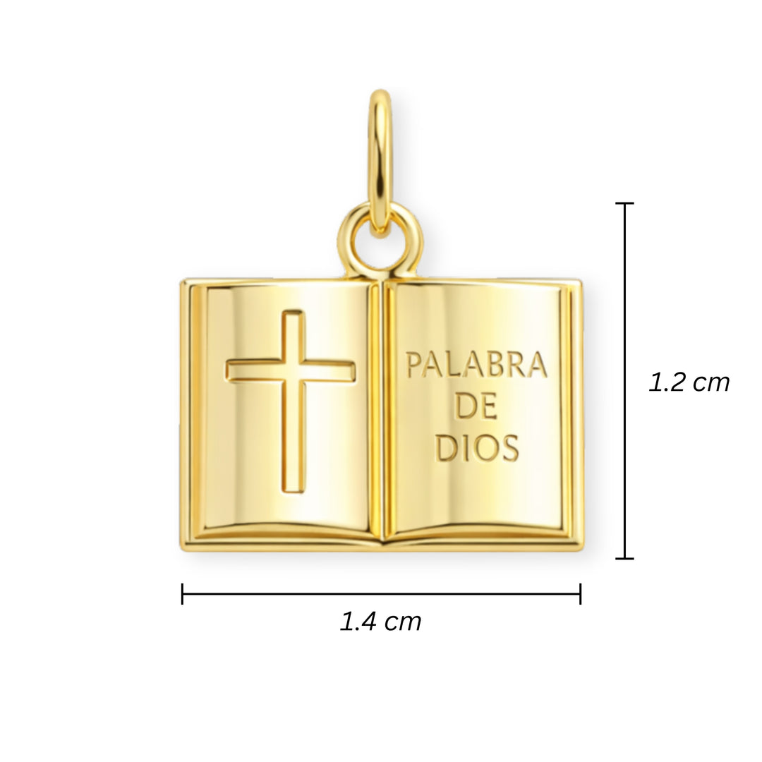 Medidas para Dije de Biblia de chapa de oro con grabado Palabra de Dios
