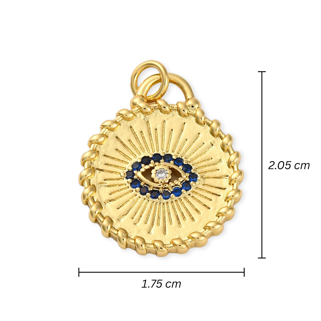 Medidas para Dije circular dorado con ojo turco y zirconias en chapa de oro