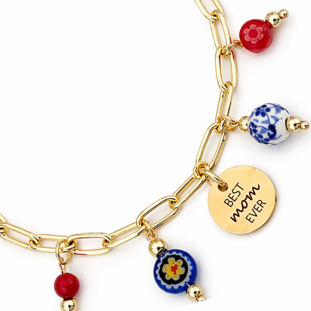 Detalles de Brazalete para mamá con murano, cristal, cerámica y dijes Love y Best Mom Ever de acero inoxidable