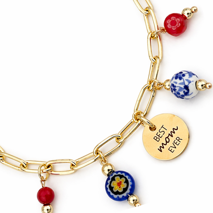 Detalles de Brazalete para mamá con murano, cristal, cerámica y dijes Love y Best Mom Ever de acero inoxidable
