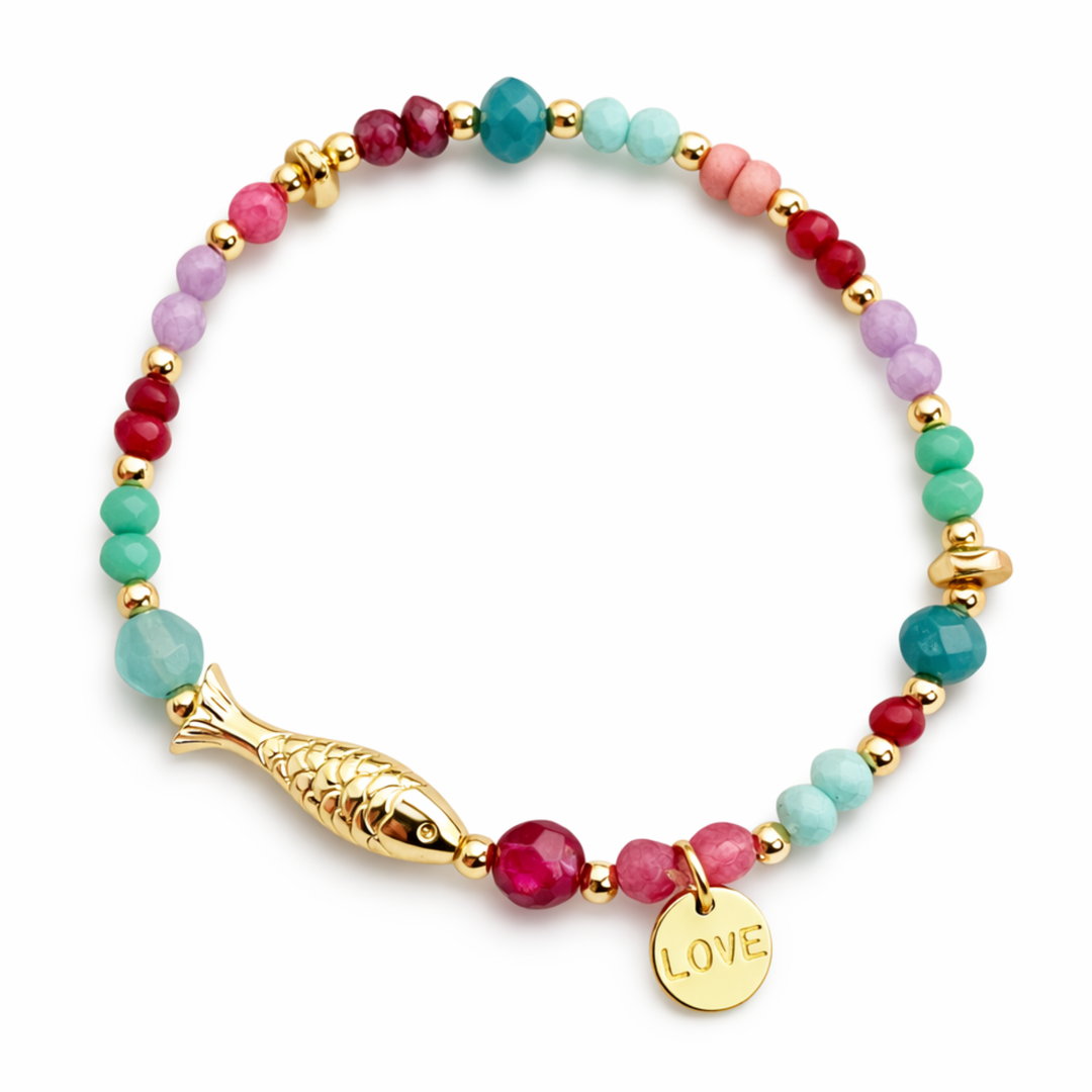 Detalles de Brazalete marino con pez de chapa de oro, piedras naturales, cristal y dije Love