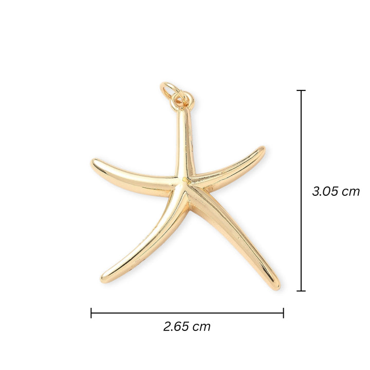 Medidas para Dije en forma de estrella de mar elaborado en chapa de oro sobre fondo blanco