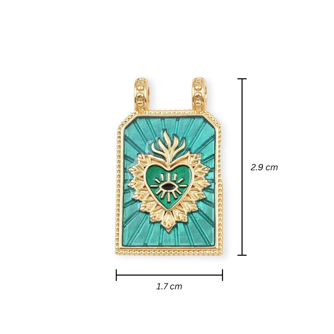 Medidas para Dije rectangular de corazón con ojo de chapa de oro cubierto con esmalte
