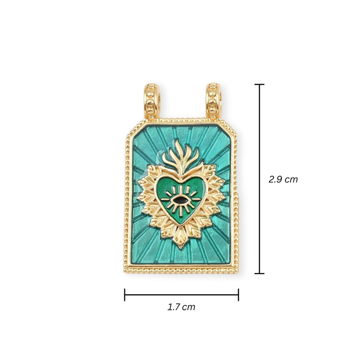 Medidas para Dije rectangular de corazón con ojo de chapa de oro cubierto con esmalte