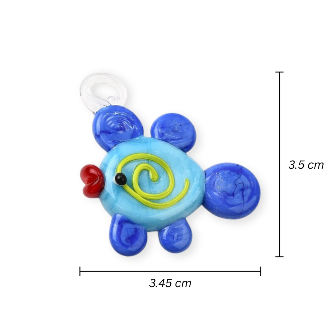 Medidas para Dije de murano en forma de pez azul oscuro y claro con espiral amarillo al centro