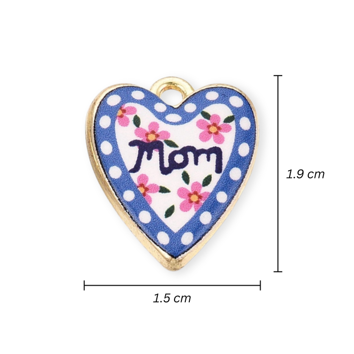 Medidas para Dije "Mom" en forma de corazón de chapa de oro con esmalte